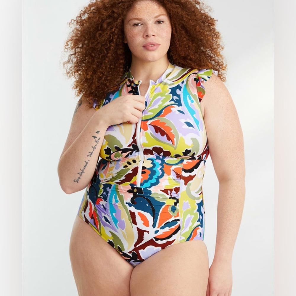 Anne Cole Flutter Sleeve Zip Up Rash Guard One Piece